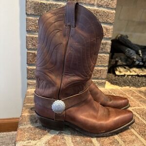 Justin 2264 Harness Cowboy Boots Mens 9.5D Brown Leather USA Made Western Concho